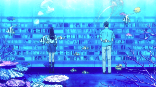 Koi wa Ameagari no You ni / Episode 6 / Akira and Mr. Kondou in an "aquarium" at the library
