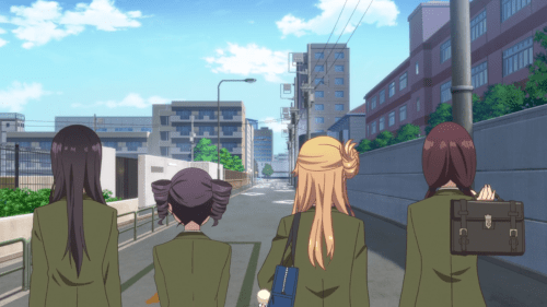 Citrus / Episode 12 / Mei, Himeko, Yuzu, and Harumin walking together down a road