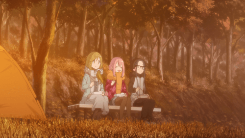Yuru Camp△ / Episode 5 / Aoi, Nadeshiko, and Chiaki enjoying both food and nature